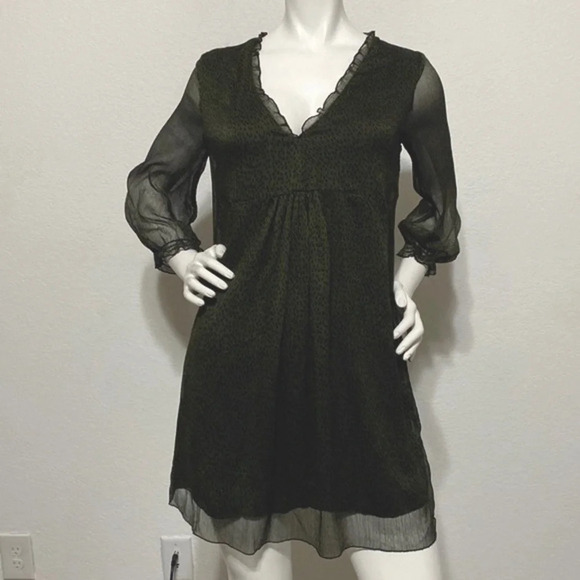 Zara Olive Green Cheetah Print Babydoll Mini Dress Size S - Picture 2 of 9